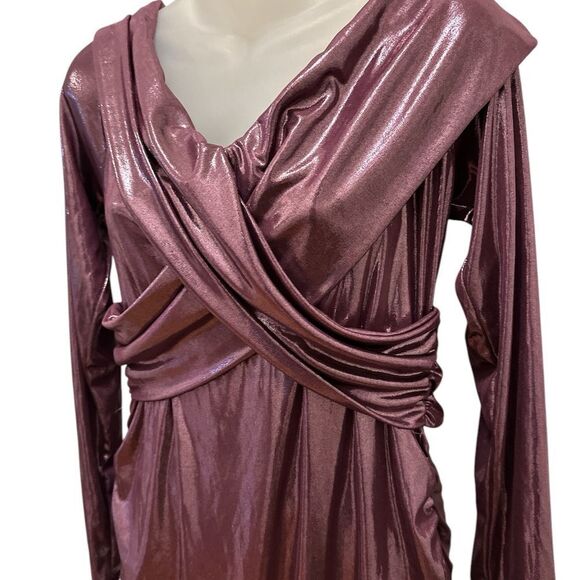 Gibiu Elegant Burgundy Metallic Shimmer Shiny Long Draped Dress Formal 1x-2x - Picture 2 of 8